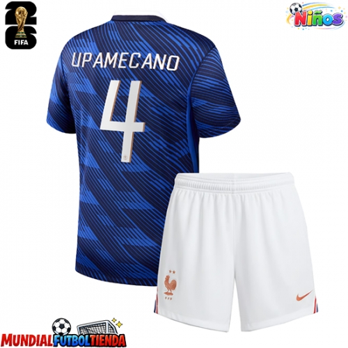 Camiseta Francia Dayot Upamecano #4 Primera Equipación Replica Mundial 2026 para niños mangas cortas (+ Pantalones cortos)